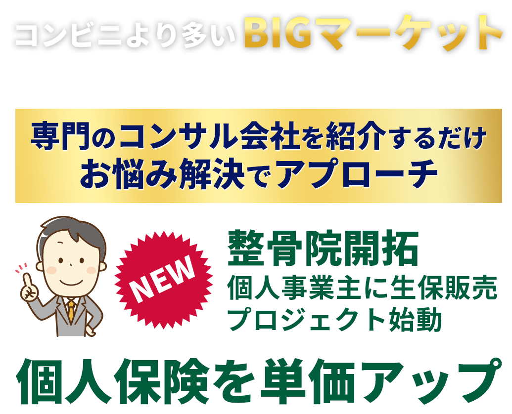 コンビニより多いBIGマーケット専門のコンサル会社を紹介するだけお悩み解決でアプローチ整骨院開拓個人事業主に生保販売プロジェクト始動個人保険を単価アップ