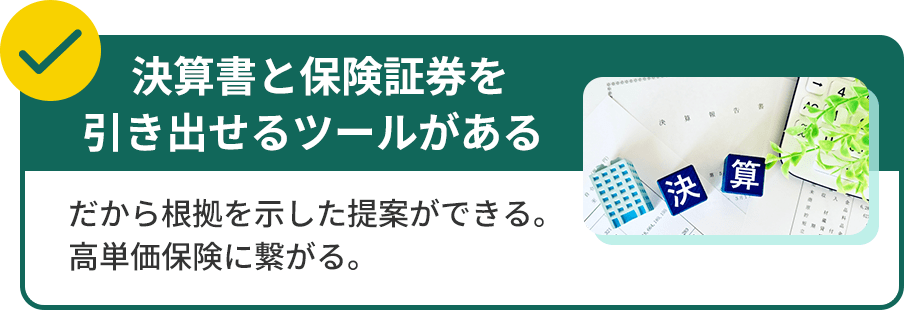 決算書と保険証券を引き出せるツールがある。だから根拠を示した提案ができる。高単価保険に繋がる。