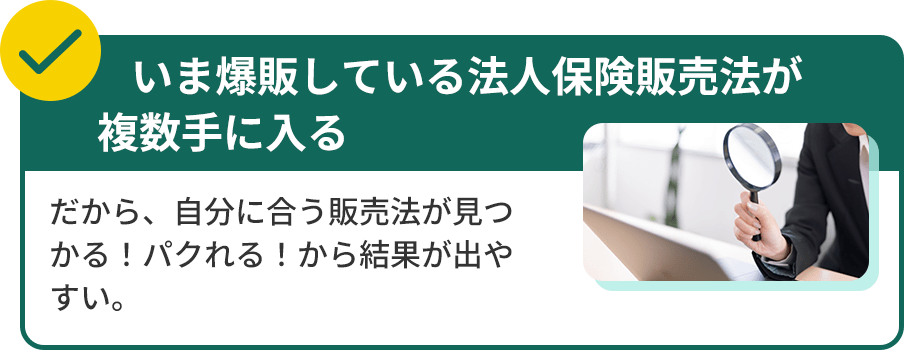 いま爆販している法人保険販売法が複数手に入るだから、自分に合う販売法が見つかる！パクれる！から結果が出やすい。