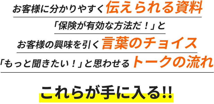 お客様に分かりやすく伝えられる資料「保険が有効な方法だ！」とお客様の興味を引く言葉のチョイス「もっと聞きたい！」と思わせるトークの流れ