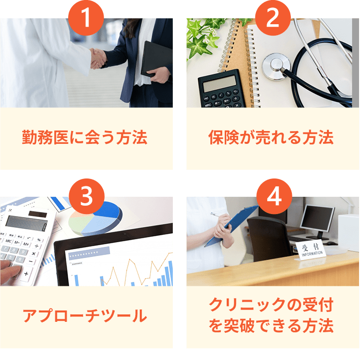 1.勤務医に会う方法2.保険が売れる方法3.アプローチツール4.クリニックの受付を突破できる方法